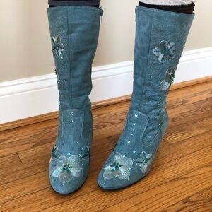 Elegant collection turquoise suede beaded embellished boots